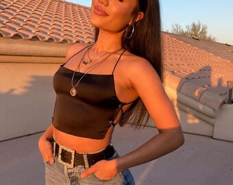 black backless halter top