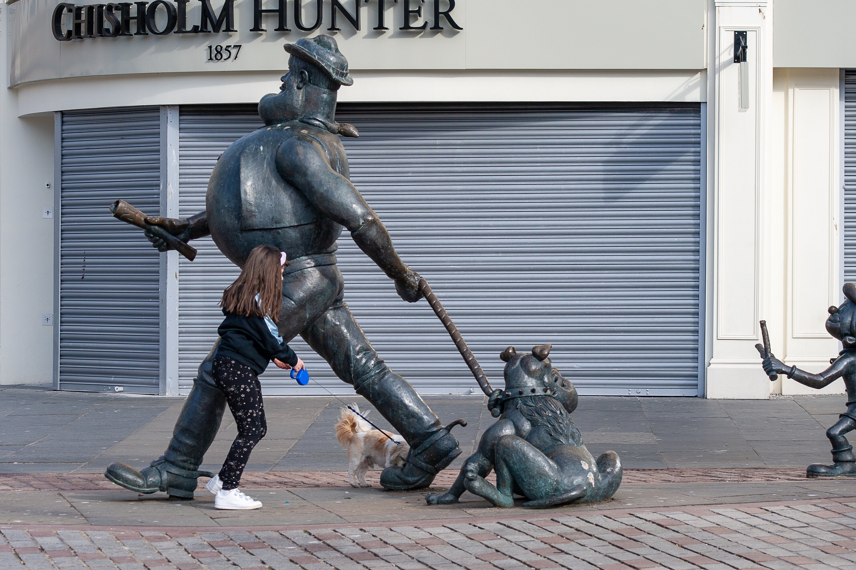 Dundee Scotland Dog Walker & Desperate Dan Statue Street Photography