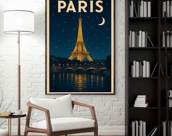 Puede incluir: Un cartel de viaje vintage con la Torre Eiffel en París, Francia. El cartel tiene un fondo azul oscuro con una luna creciente y estrellas. La Torre Eiffel está iluminada en oro, y hay un puente en primer plano. El texto "PARÍS" está en letras blancas en la parte superior del cartel.