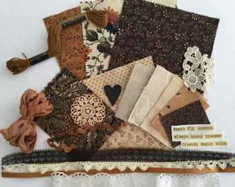 Slow Stitching Kit  Fabric Scraps  Haberdashery Bundle  Embellishments Kit  Junk Journal  Remnants