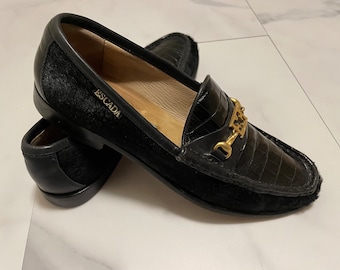 ESCADA Vintage Pony Hair & Croc Embossed Leather Moccasin Loafers