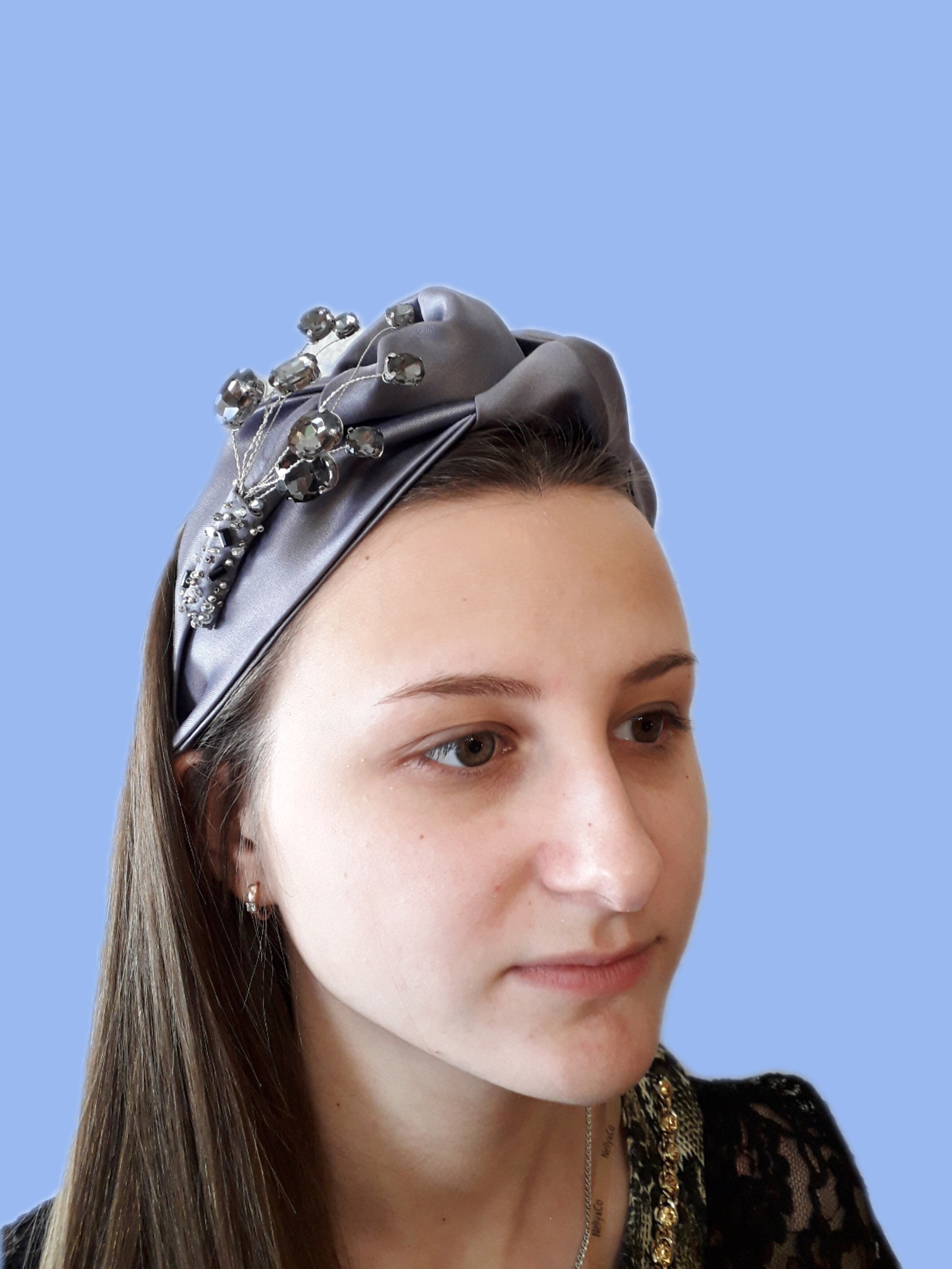 Gray silk headband for women with rhinestones turban Etsy