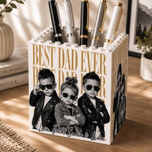 Father's Day Brick Gift For Dad, Personalized Vintage Photo Dad Building Block Pen Holder, Best Dad Ever Brick Pen, Brick Photo Pencil Pot