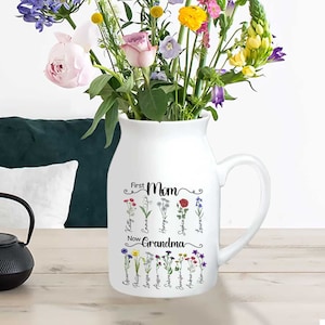 First Mom Now Grandma Gift, Custom Birth Month Flowers Grandma Vase, Custom Grandkid Name Flower Vase, Mothers Day Gift Vase