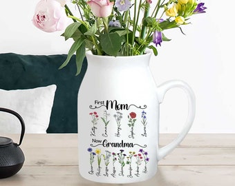 First Mom Now Grandma Gift, Custom Birth Month Flowers Grandma Vase, Custom Grandkid Name Flower Vase, Mothers Day Gift