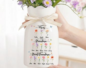 Personalized Great Grandma Flower Vase, Custom Birth Month Flower Vase with Grandkids Name, Grandmas Garden, Great Grandma, Mothers Day Gift