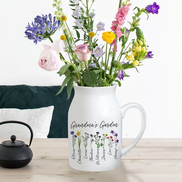 Personalized Grandma's Garden Flower Vase, Custom Birth Month Flowers Grandma Vase, Custom Grandkid Name Flower Vase, Mother's Day Gifts