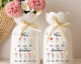 Personalized First Mom Now Grandma Gift, Custom Birth Month Flower Vase with Grandkids Name, Grandmas Garden, Grandma Gift, Mothers Day Gift
