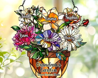Personalized Grandma's Garden Suncatcher, Birth Month Flower Stained Glass Acrylic Window Hanging, Mom Gifts, Grandma Gift, Christmas Gift