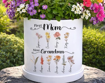 Personalized Birth Month Flowers Plant Pot, First Mom Now Grandma Gift, Grandma Gift, Mom Gift, Grandma Birthday Gift, Mothers Day Gift