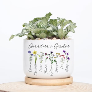 May include: White ceramic planter with the text "Grandma's Garden" and a row of colorful flowers with names written below each flower. The names are Olivia, Charlotte, Lucas, Theodore, William, James, Levi, and Harry.