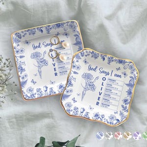 Personalized Christian Name Jewelry Dish, God Says I Am Ring Dish Toile De Jouy, Ring Dish With Bible Verses, Scripture Gift, Religious Gift