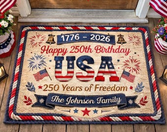 USA 250th Anniversary Doormat, Patriotic Welcome Mat 1776–2026, America Anniversary Door Mat, Custom Family Name Patriotic America Decor