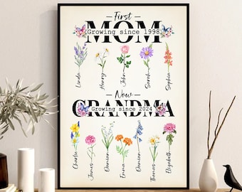 Personalized First Mom Now Grandma Poster, Custom Birth Month Flowers First Mom Now Grandma Garden Poster Print, Mother's Day Gifts