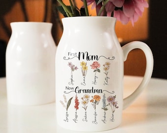 First Mom Now Grandma Gift, Custom Birth Month Flowers Grandma Vase, Custom Grandkid Name Flower Vase, Mothers Day Gift