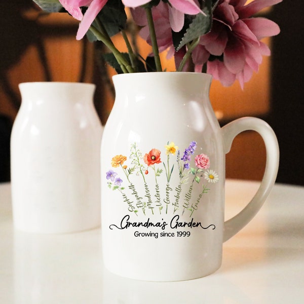 Custom Birth Month Flowers Grandma Vase, Grandma's Garden Flower Vase, Custom Grandkid Name Flower Vase, Mom's Garden Vase, Mothers Day Gift