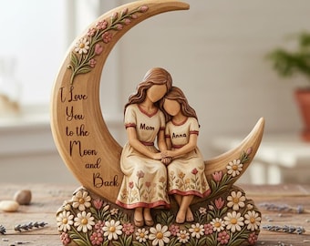 Personalized Mother Daughter Wooden Sculpture, We Love You To The Moon And Back, Custom Mom Gift from Daughter, Mom Gift, Mothers Day Gift
