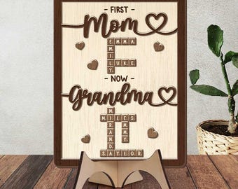 Personalized First Mom Now Grandma Wooden Sign, Crossword Puzzle Art Frame, Scrabble Gift, Grandma Gift, Family Keepsake, Mothers Day Gift