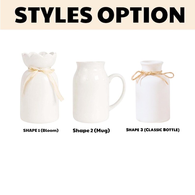 May include: White ceramic vases in three different styles: a bloom shape with a ribbon, a mug, and a classic bottle shape. The text "STYLES OPTION" is at the top, with each shape labeled below.