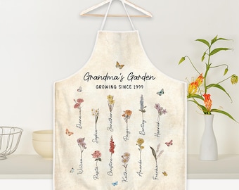 Custom Grandma's Garden Apron, Personalized Birth Month Flowers Gift, Grandma Apron, Grandkids Name Apron, Mother's Day Gift, Grandma Gift