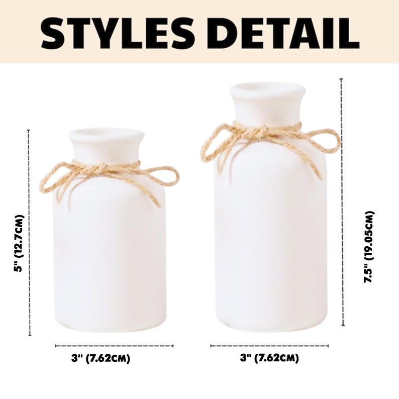 May include: Two white ceramic vases with a rustic rope detail around the neck. The smaller vase is 5 inches (12.7 cm) tall, and the larger vase is 7.5 inches (19.05 cm) tall. Both vases are 3 inches (7.62 cm) wide. The text "STYLES DETAIL" is at the top.