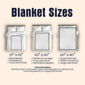 May include: A chart showing different blanket sizes with their dimensions and uses. The sizes are 37 inches by 52 inches, 50 inches by 60 inches, and 60 inches by 80 inches. The chart also includes care instructions for the blankets.