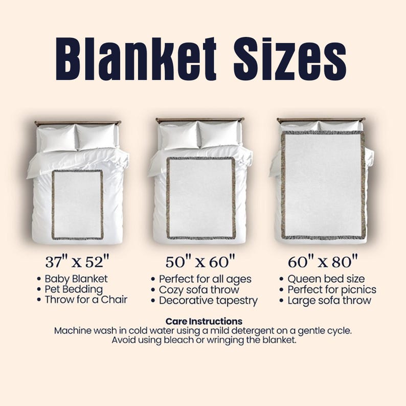May include: A chart showing different blanket sizes with their dimensions and uses. The sizes are 37 inches by 52 inches, 50 inches by 60 inches, and 60 inches by 80 inches. The chart also includes care instructions for the blankets.