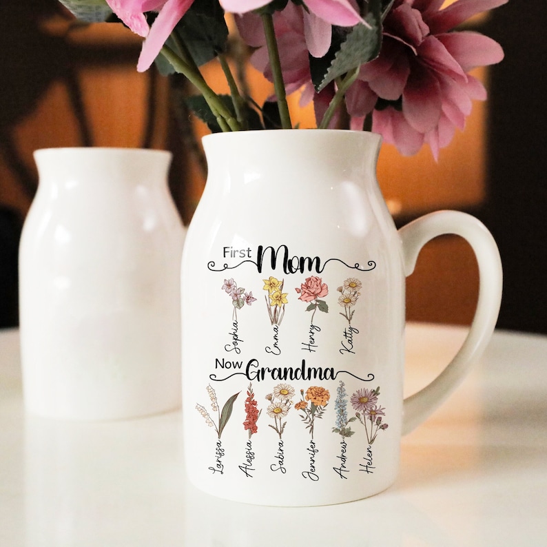 First Mom Now Grandma Gift, Custom Birth Month Flowers Grandma Vase, Custom Grandkid Name Flower Vase, Mothers Day Gift Vase
