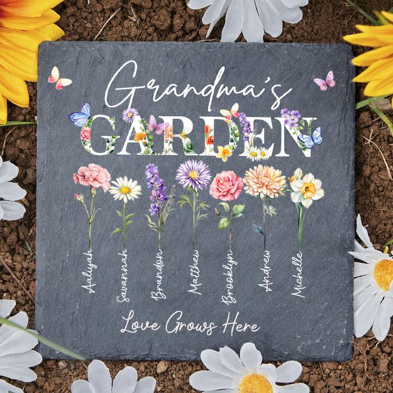 Grandma's Garden Stone, Custom Garden Stone, Custom Birth Month Flowers Grandma, Custom Grandkid Name Flower, Grandma Gift, Mothers Day Gift