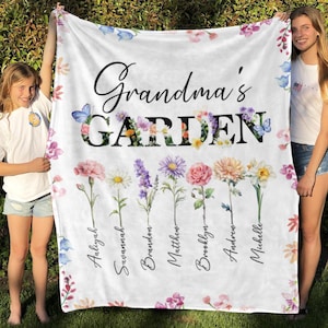 Personalized Grandma&#39;s Garden Blanket, Grandkids Name Flower, Nana Plant Gift, Mothers Day Gift, Custom Birth Month Flowers Grandma Blanket