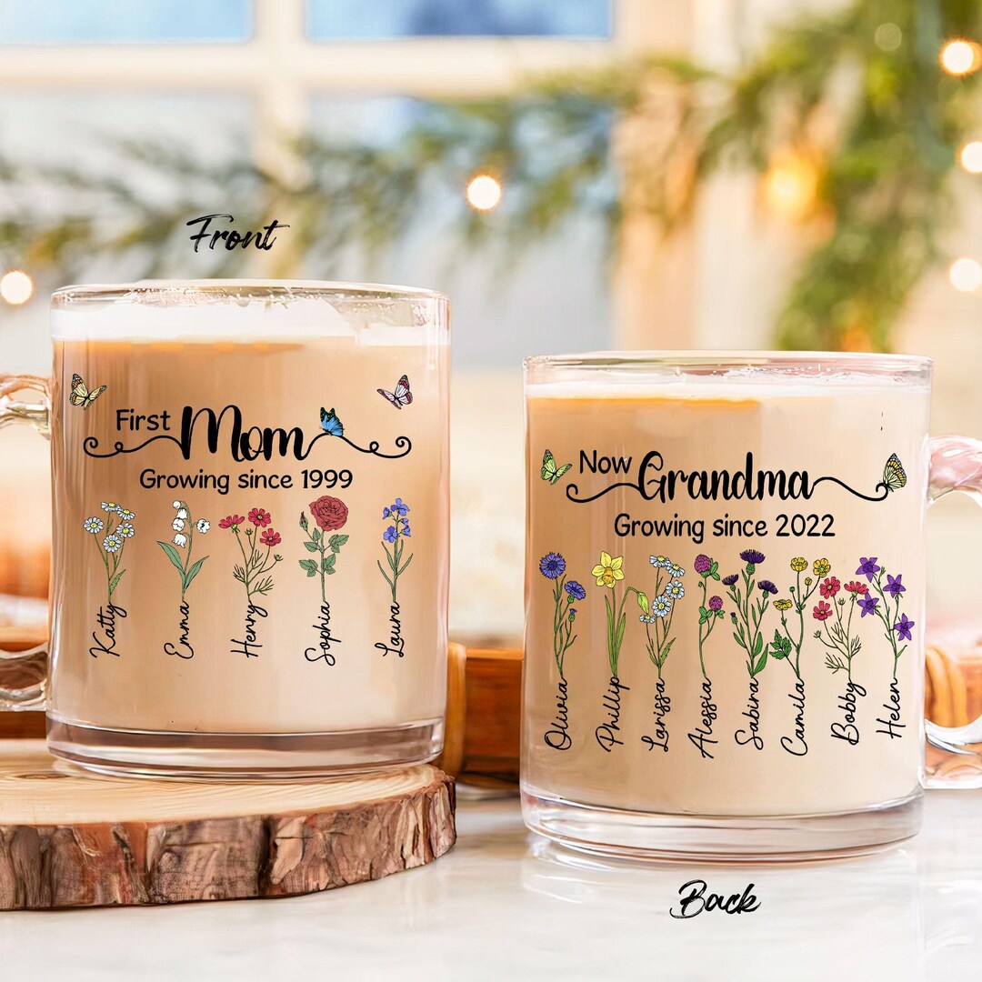 First Mom Now Grandma Glass Mug, Personalized Grandmas Garden Glass Mug ...
