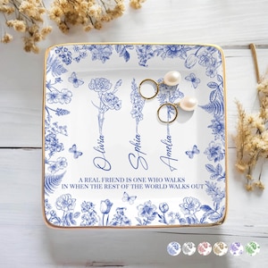 Friendship Ring Dish, Toile De Jouy Birth Flower Jewelry Dish, Best Friend Ring Dish, Friendship Gift, Soul Sister, BFF Gifts, Bestie Gifts
