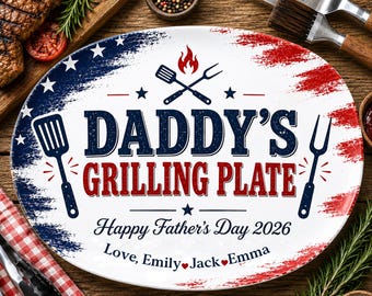 Custom Dad's Grilling Plate, Custom American Flag BBQ Platter with Kids Names, Patriotic Father's Day Gift for Dad, BBQ Platter For Dad