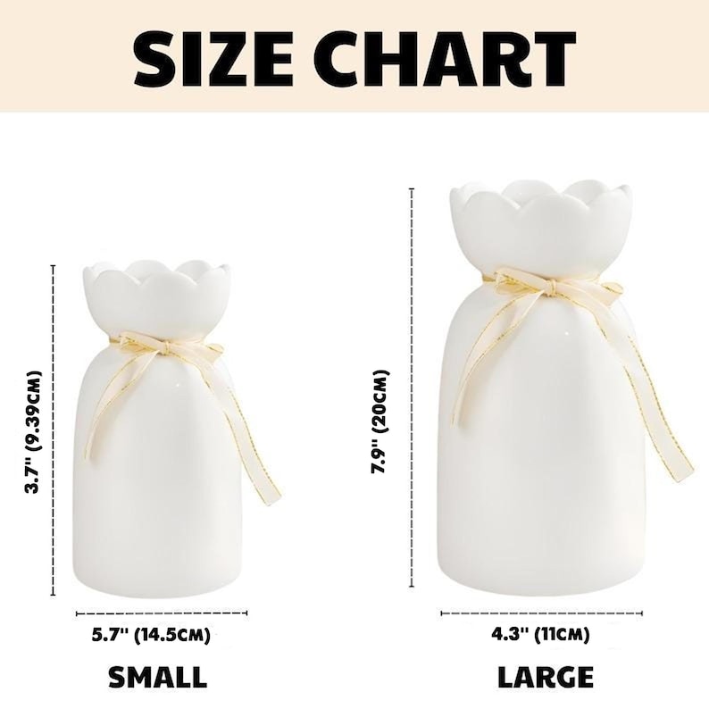 May include: White ceramic vases with a scalloped top and a ribbon tied around the neck. The small vase is 3.7 inches (9.39cm) tall and 5.7 inches (14.5cm) wide. The large vase is 7.9 inches (20cm) tall and 4.3 inches (11cm) wide. The text "SIZE CHART" is at the top.
