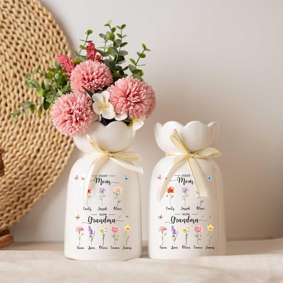Personalized First Mom Now Grandma Gift, Custom Birth Month Flower Vase with Grandkids Name, Grandmas Garden, Grandma Gift, Mothers Day Gift