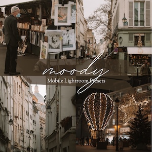 Peut inclure: Un ensemble de préréglages Lightroom mobiles appelé "Moody" avec une photo d'une scène de rue parisienne avec une montgolfière et des lumières de Noël.
