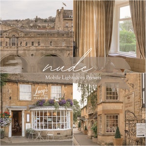 May include: A collage of four images featuring a quaint English town. The top left image shows a stone bridge over a river. The top right image shows a room with beige curtains and a window overlooking a garden. The bottom left image shows a shop called "Lucy's Tearoom" with a white storefront and flower boxes. The bottom right image shows a narrow street with shops and a wrought iron gate.