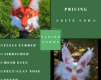 May include: Two canine-themed masks are displayed. One is a fox mask with orange, white, and red fur. The other is a white mask with pink accents and a yellow star. The masks feature mesh eyes, felt/clay noses, and teeth. The text "CANINE COMMS" is also visible.
