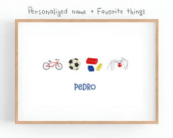 Personalized Kids Name Print, Custom Name Wall Art with Favorite Things, Digital Download