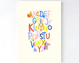 Playful ABC Wall Art Print, Illustrated Alphabet Poster for Kids Room, Printable Digital Download