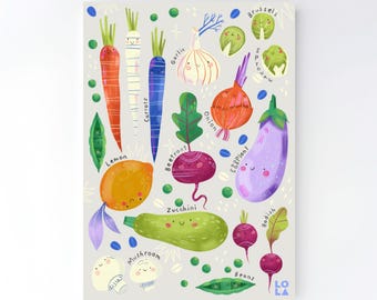 Playful Vegetable Wall Art Print, Kitchen and Playroom Decor, Printable Digital Download