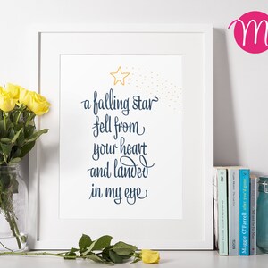 以下が含まれることがあります： 白枠のプリントで、紺色と黄色の星柄。テキストは「a falling star fell from your heart and landed in my eye」です。