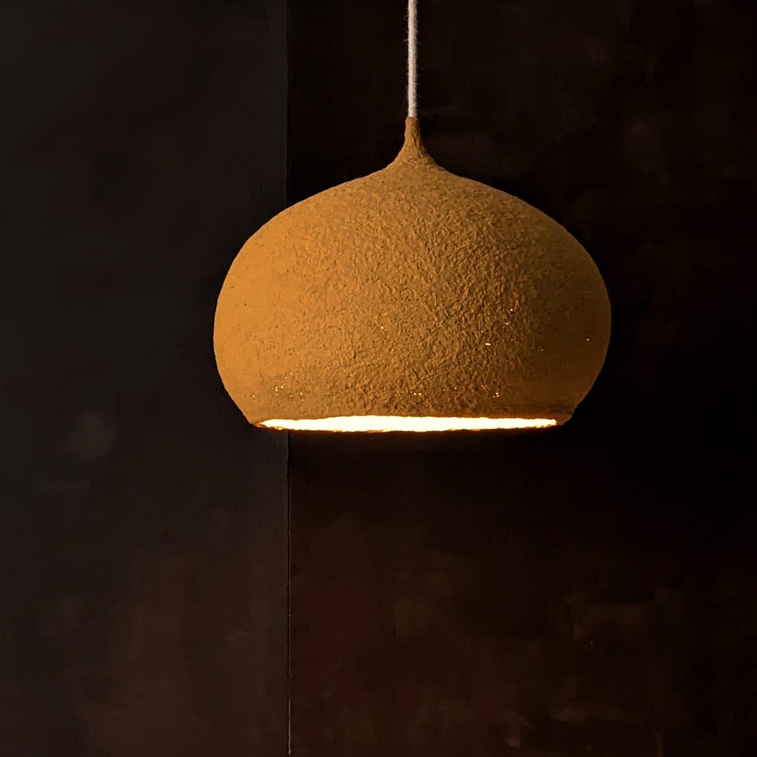 Yellow Lamp. Bulbous Shape. Warm Light. Paper Mache Pendant Lampshade ...