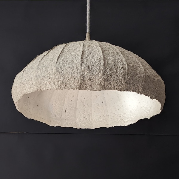 Paper mache pendant lamp with round shade and white inside. Ecological material and glue. Vegan. Model 14