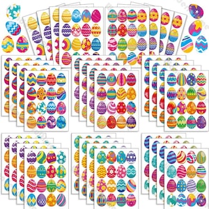 May include: A selection of Easter egg stickers in a variety of colours and patterns. Each sheet displays numerous eggs with designs such as stripes, polka dots, and floral motifs. The stickers are arranged on white backgrounds.