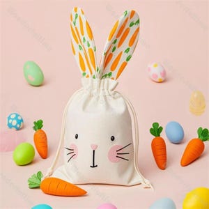 Easter Bunny Gift Bag with Drawstring Easter Egg Hunt Bag Reusable Treat Bag Linen Wrap Bag Easter Burlap Bag Easter Bunny Pouch