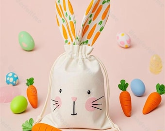 Easter Bunny Gift Bag with Drawstring Easter Egg Hunt Bag Reusable Treat Bag Linen Wrap Bag Easter Burlap Bag Easter Bunny Pouch