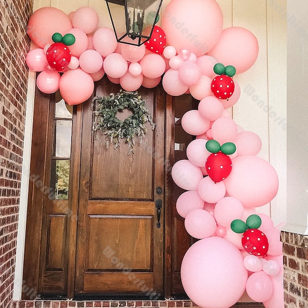 96pc Strawberries Balloon Garland Pink Green Red Polka Dots Bridal Shower Arch 1st Birthday Backdrop Baby Shower Gender Reveal Wedding Decor