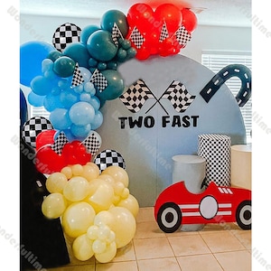 108pcs Racing Car Balloon Arch Blue Yellow Two Fast Checked Balloons Baby Shower Gender Reveal 1st Birthday Backdrop Wedding Decoration