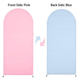May include: A pink arch backdrop with a rounded top, shown from the front. The back side of the backdrop is light blue. The backdrop is supported by a silver metal frame. Text on the image reads "Front Side: Pink" and "Back Side: Blue".